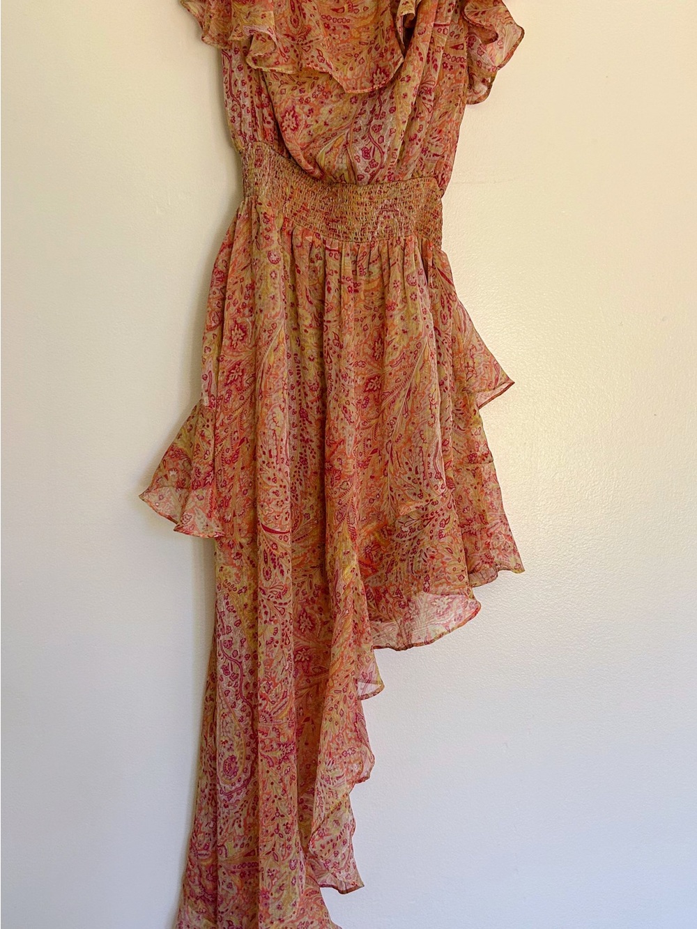 Misa Los Angeles Coral-Pink Paisley High-Low Ruffle Maxi Dress